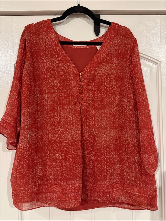 Coldwater Creek Tops - Coldwater Creek Red Floral V-Neck Tunic Blouse